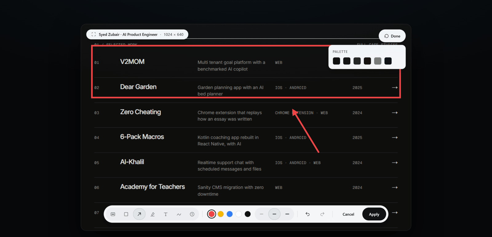 ScrollSnapshot's editor showing a redaction box, arrow, and drawing controls