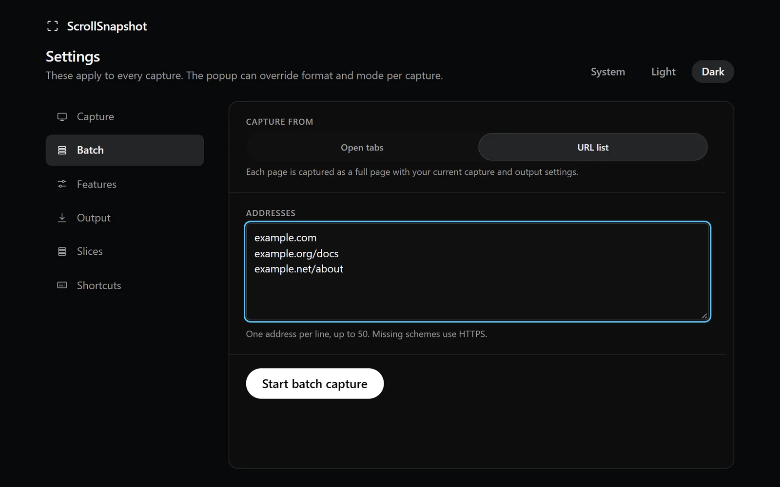 ScrollSnapshot Batch settings showing three example web addresses