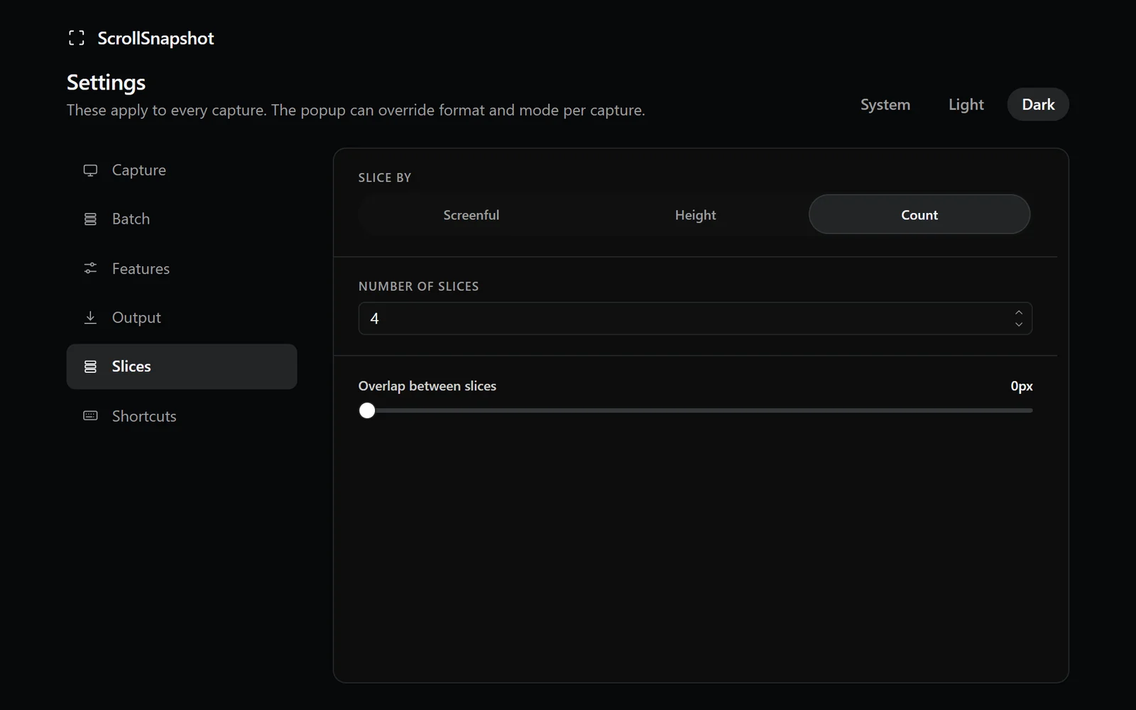 ScrollSnapshot Slices settings with the Count strategy and overlap control