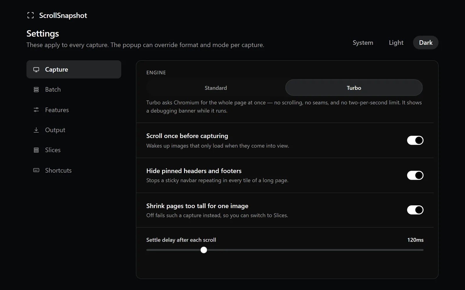 ScrollSnapshot Capture settings with the Standard and Turbo engine choices